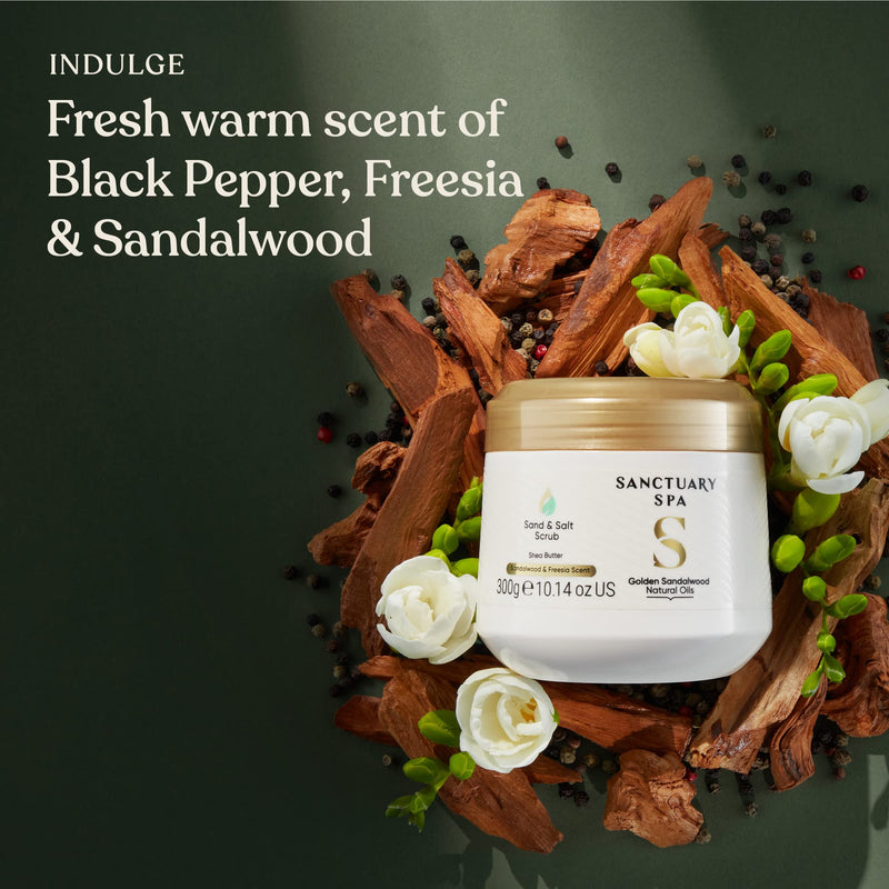 Sanctuary Spa Golden Sandalwood Sand and Salt Scrub, 92% Natural Body Exfoliator, Mineral Oil Free, Cruelty Free & Vegan, 300g - BeesActive Australia