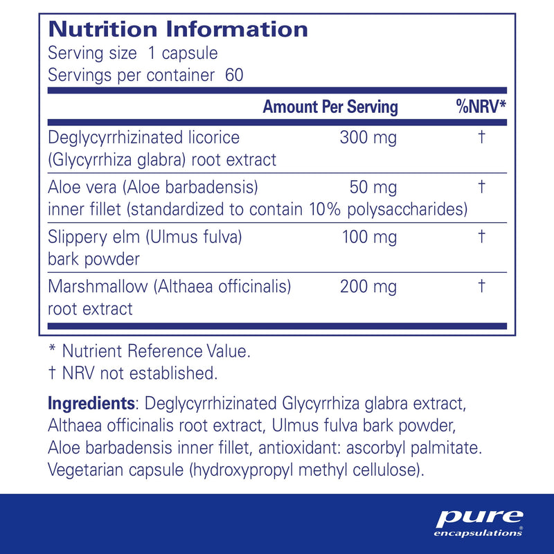 Pure Encapsulations - DGL Plus - Licorice Root Extract with Aloe, Slippery Elm & Marshmallow - 60 Capsules - BeesActive Australia