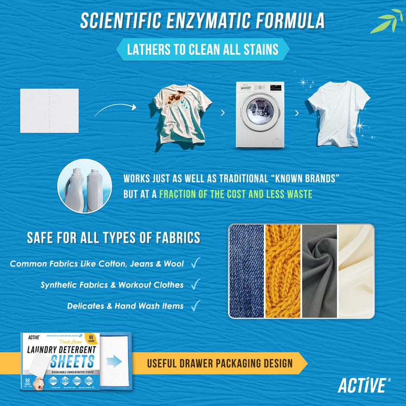 Laundry Detergent Sheets Eco Washing Strips - 80 Loads, Liquidless Fresh Scented Clothes Washer Sheet, Zero Waste Travel Laundry Strip, Dissolvable Space Saving Sheets for HE - Linen Scent Fresh Scent - BeesActive Australia