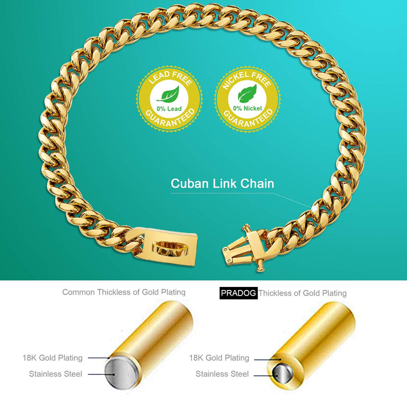 PRADOG Gold Chain Dog Collar Designer Dog Cuban Link Chain Collar with Safty Design Buckle 15MM Metal Stainless Steel Walking Collars (12 to 26in) 18" ( Fits Neck 16" to 17.5") - BeesActive Australia