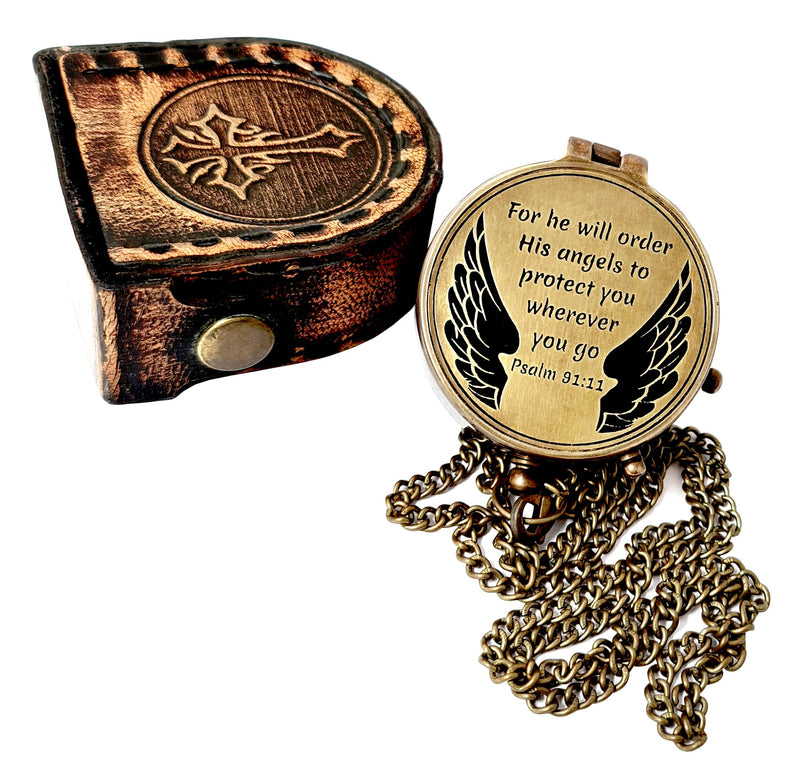 Brass Nautical - Brass Compass Engraved with Religious Scripture Verse, Gift for Son, Grandson, Daughter, Baptism, Confirmation Communion Godson Church Graudation Day Psalm 91:11 - "For He Will Order His Angels" - BeesActive Australia