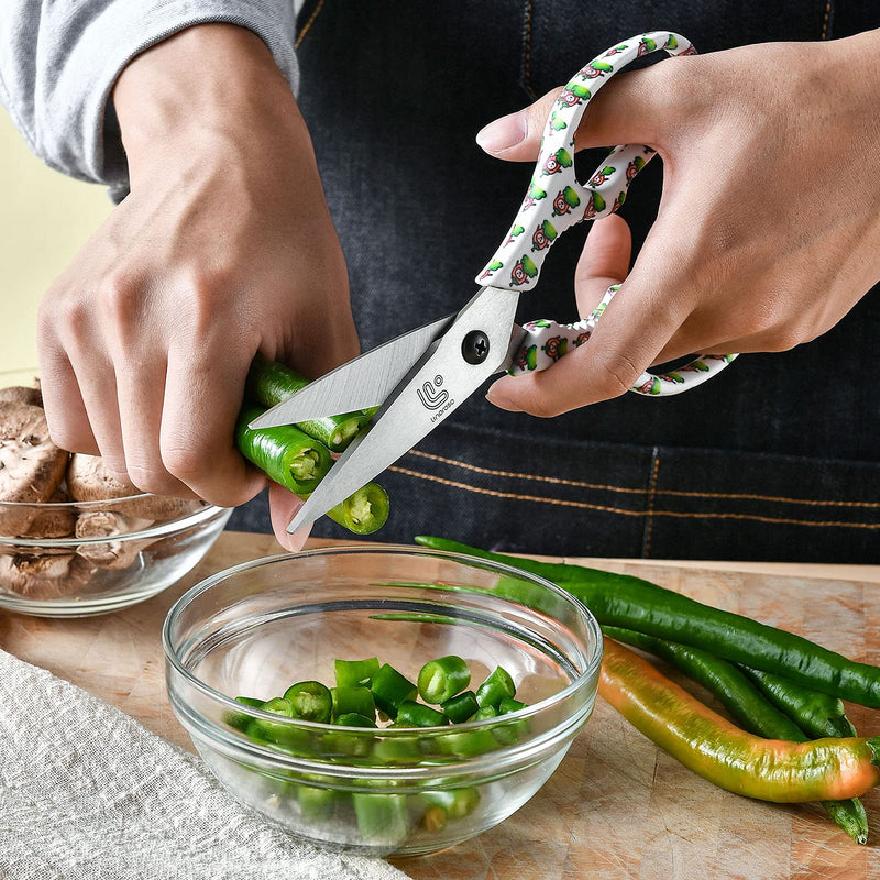 Linoroso Kitchen Scissors Heavy Duty Kitchen Shears with Magnetic Holder Made with Japanese Steel 4034, Multipurpose Ultra Sharp Cooking Scissors for Meat/Vegetables/BBQ/Herbs/Pizza (Graphic,Chili) White/Chili - BeesActive Australia