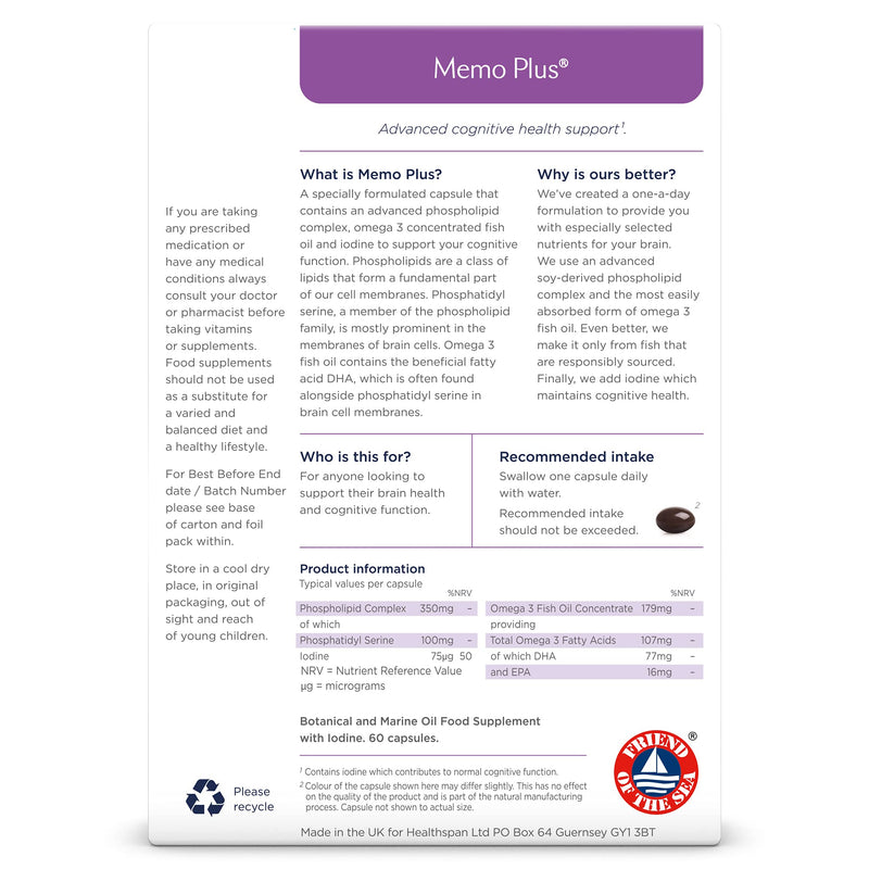 Healthspan Memo Plus (2 months' supply) | To support your brain Health & cognitive function | 350mg Advanced Phospholipid Complex | 179mg Omega 3 Fish Oil | 75�g Iodine | Friend of the Sea | One-a-day - BeesActive Australia
