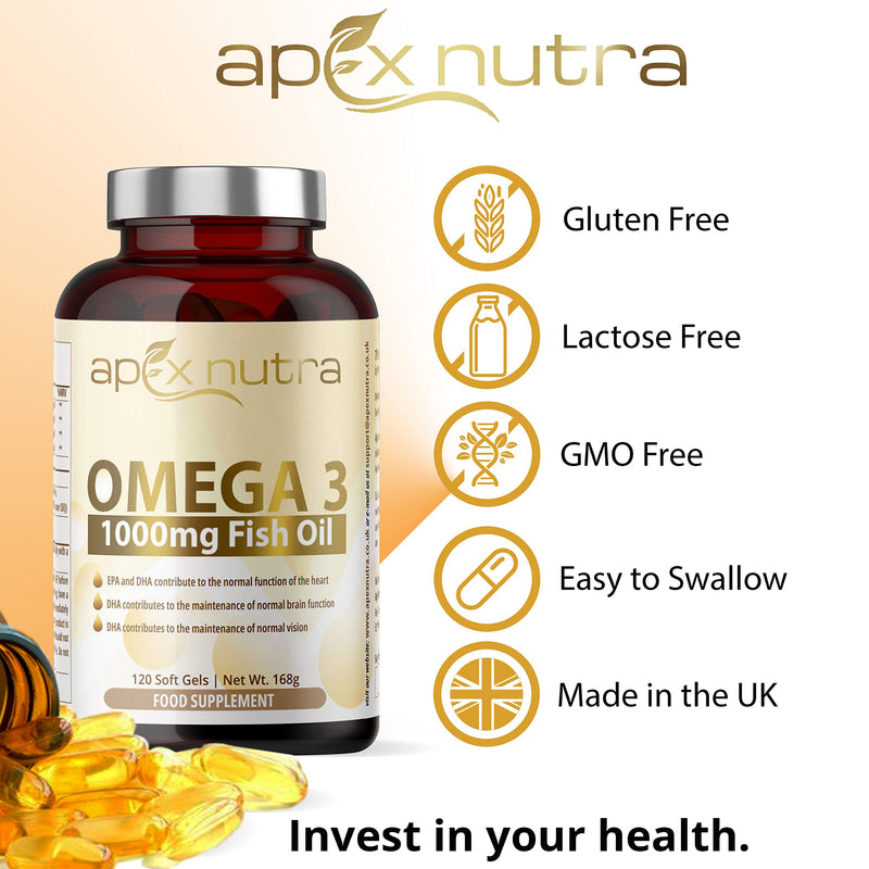 High Strength Omega 3 1000mg Capsules - 4 Month Supply of Easy to Swallow Omega 3 Fish Oil Capsules with 330mg EPA & 220mg DHA - Fish Oil Omega 3 Supplement - Made in The UK by Apex Nutra - BeesActive Australia