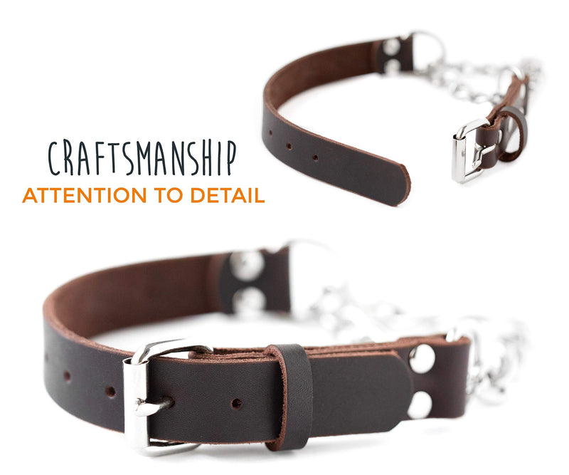 Mighty Paw Leather Training Collar, Martingale Collar, Stainless Steel Chain - Premium Quality Limited Chain Cinch Collar. Medium Brown - BeesActive Australia