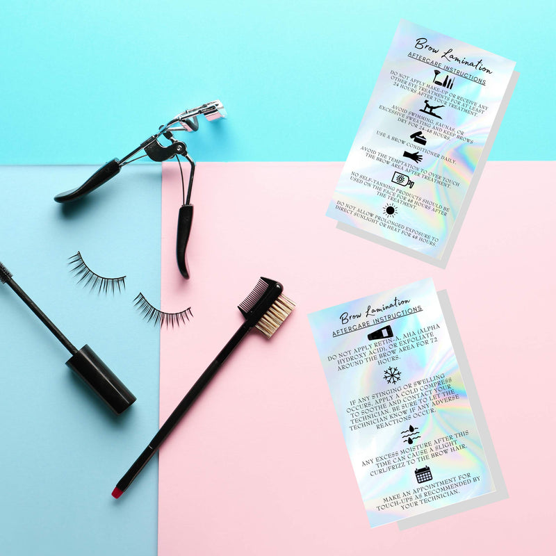 Brow Lamination Aftercare Instruction Cards | 50 Pack | 2x3.5” inches Business Card Size | Starter Lift Kit At Home DIY Brow Lift and Tint | Snatched Brows Holographic Look Design - BeesActive Australia