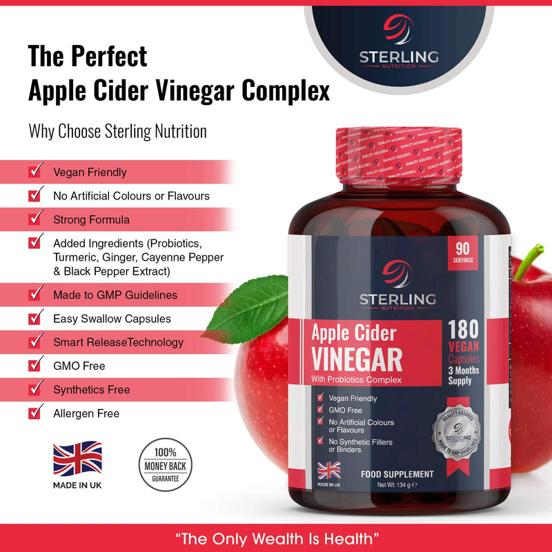 Apple Cider Vinegar Complex with Added Probiotics - 180 ACV Max Strength Vegan Capsules - 3 Month Supply - Made in UK - by Sterling Nutrition - BeesActive Australia