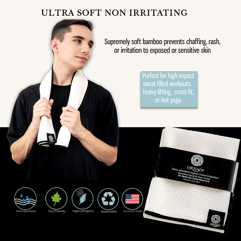 [AUSTRALIA] - Gym Towel Ultra Soft Extra Absorbent Organic Bamboo Cotton for Men Daily Face Wash Care of Sensitive Skin & Premium Sweat Cloth 15 X 35 Eco Travel Made in USA Natural/Black 