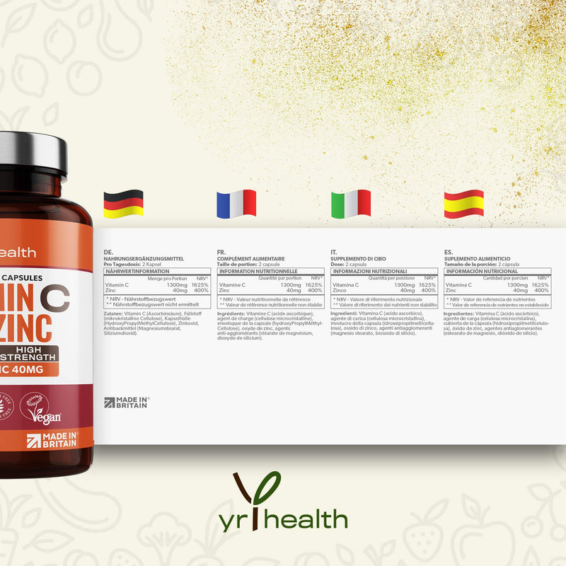 Vitamin C 1300mg and Zinc 40mg High Strength - VIT C and Zinc for Maintenance of Normal Immune System - 120 Vegan Capsules not Tablets - 2 per Daily Serving - Made in The UK by YrHealth - BeesActive Australia