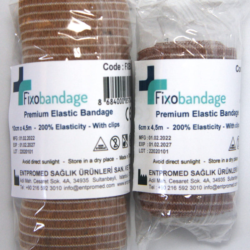 FIXOBANDAGE Premium Elastic Bandage, Pack of 2 - Width : 10cm + 6cm x Length : 4,5m(Streched) - Compression Bandage with Clips - BeesActive Australia