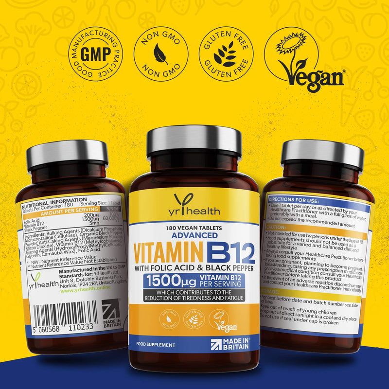 Vegan Vitamin B12 Tablets 1500mcg Methylcobalamin High Strength with Added Folic Acid & Black Pepper - 180 Tablets (6 Month Supply) - Reduction of Tiredness & Fatigue - Made in The UK by YrHealth - BeesActive Australia