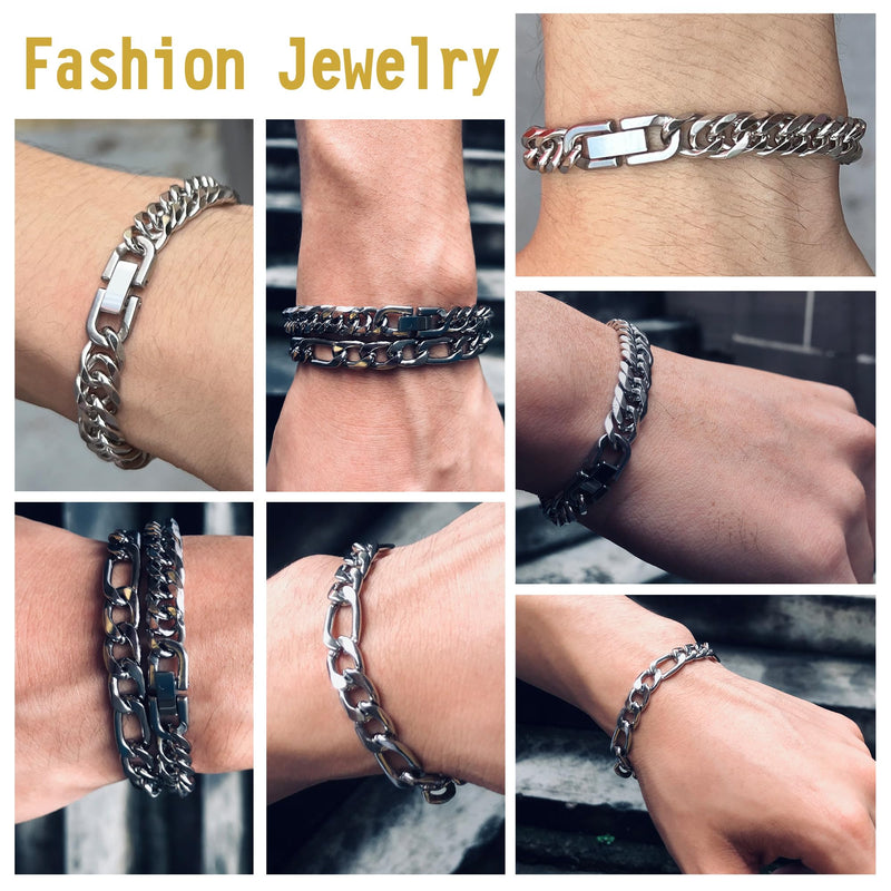 Aospkle 2PCS Cuban Link Figaro Bracelet, Silver Gold Black Sturdy 316L Stainless Steel Cuban Link Chain for Men Jewelry Set with Gift Message Card 8mm, 7/8/9 Inches 7 inches - BeesActive Australia