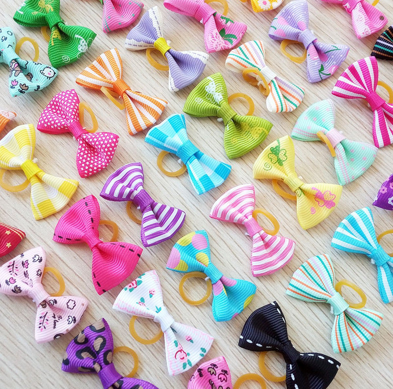 PET SHOW Pet Dog Hair Bows Bowknot for Yorkshire Girls Topknot with Rubber Bands Cat Puppy Headdress Grooming Hair Accessories Random Color Pack of 50pcs = 25pairs - BeesActive Australia