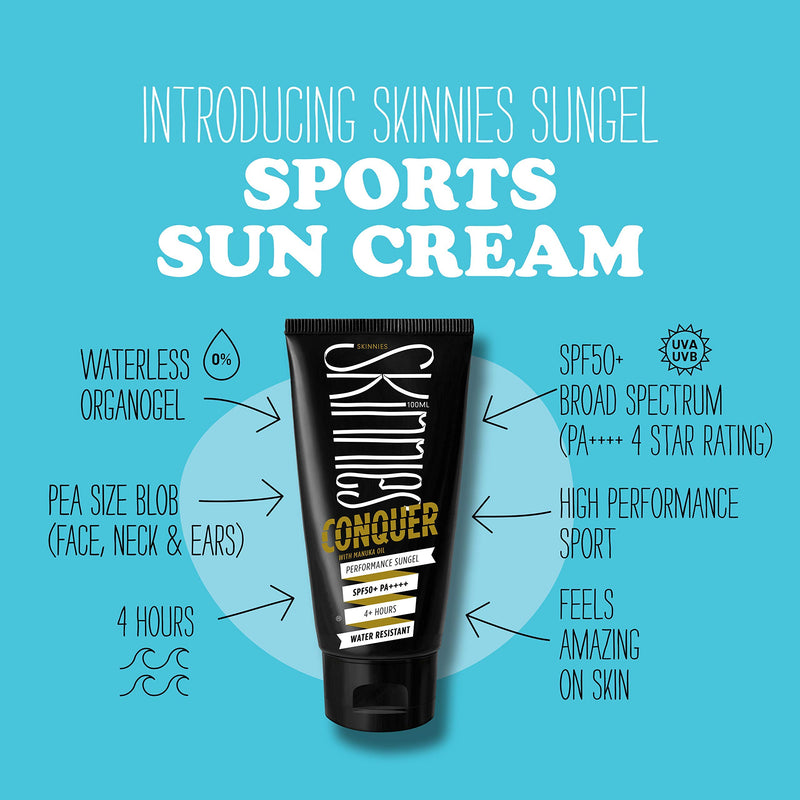 Skinnies 100ml SPF50+ CONQUER, Sungel Sun Cream, Broad Spectrum, Reef Safe, Water Resistant 4 hours - BeesActive Australia