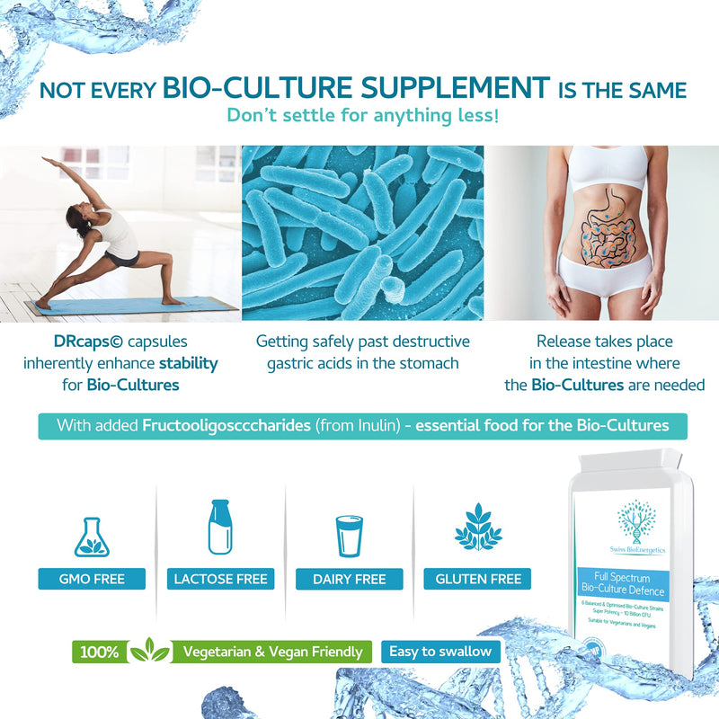 Full Spectrum Bio-Culture Defence - 120 Capsules - High Strength 10 Billion Live CFU Multi-Strain Bio-Cultures + FOS Formula - Latest DRCaps� Encapsulation to Protect from gastric acids - BeesActive Australia