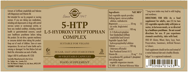 Solgar 5-HTP L-5-Hydroxytryptophan Complex - Vitamin B6 - Valerian - Nootropics - Vegan - Pack of 90 Capsules - BeesActive Australia