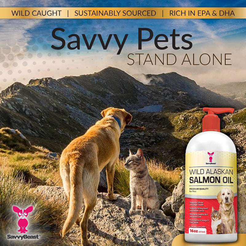 Savvybeast Wild Alaskan Salmon Oil for Dogs, Cats & Ferrets - Joint Support, Immune & Heart Health Liquid Food Supplement - Pure EPA DHA Omega 3 Fatty Acid Supplements Fish Oil for Pets - 16 & 32oz 16oz - BeesActive Australia
