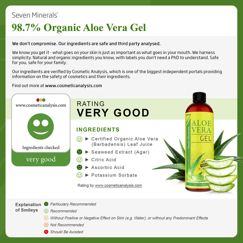 Organic Aloe Vera Gel with 100% Pure Aloe From Freshly Cut Aloe Plant, Not Powder - No Xanthan, So It Absorbs Rapidly With No Sticky Residue - Big 12 oz 12 Ounce (Pack of 1) - BeesActive Australia