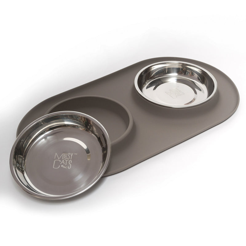 Messy Cats Double Silicone Feeder with Stainless Saucer Shaped Bowl | Anti-Slip Non-Skid Cat Food Bowls | Two Cat Bowls in Feeding/Water Station Grey - BeesActive Australia