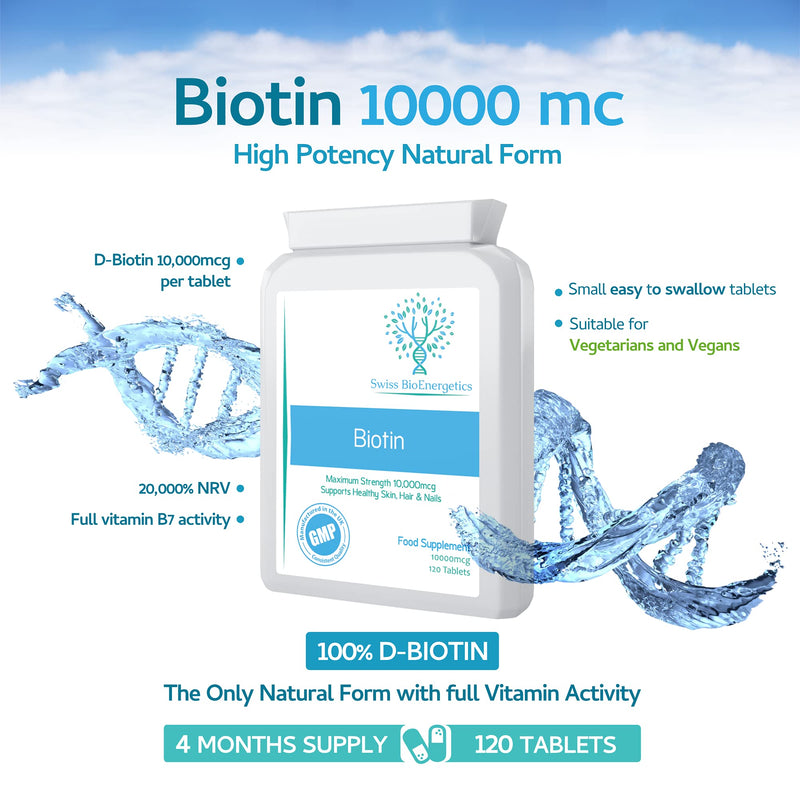 Biotin 10,000 mcg 120 Tablets � Exclusively Maximum Strength D-Biotin, The only Natural Form with Full Vitamin B7 Activity - Support for Healthy Hair Growth, Skin and Nails - UK Made to cGMP Code - BeesActive Australia