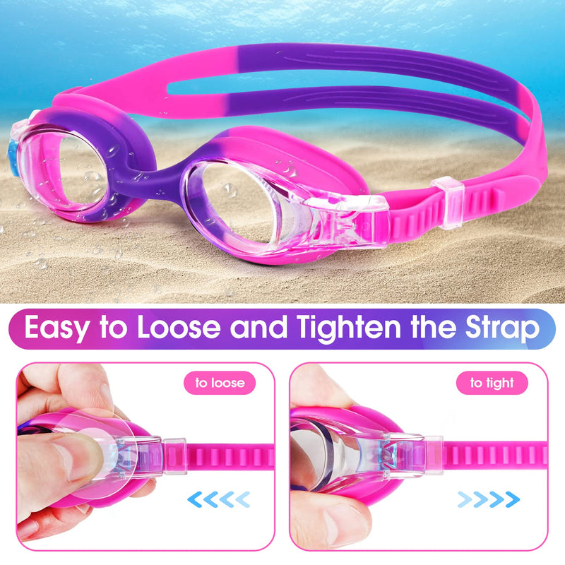 Vvinca Kids Swim Goggles with Fabric Strap No Tangle Pain-Free, Anti-Fog Swimming Pool Goggle No Leak for Toddlers Girls Boys C-1 Pack Bright Pink Purple - BeesActive Australia