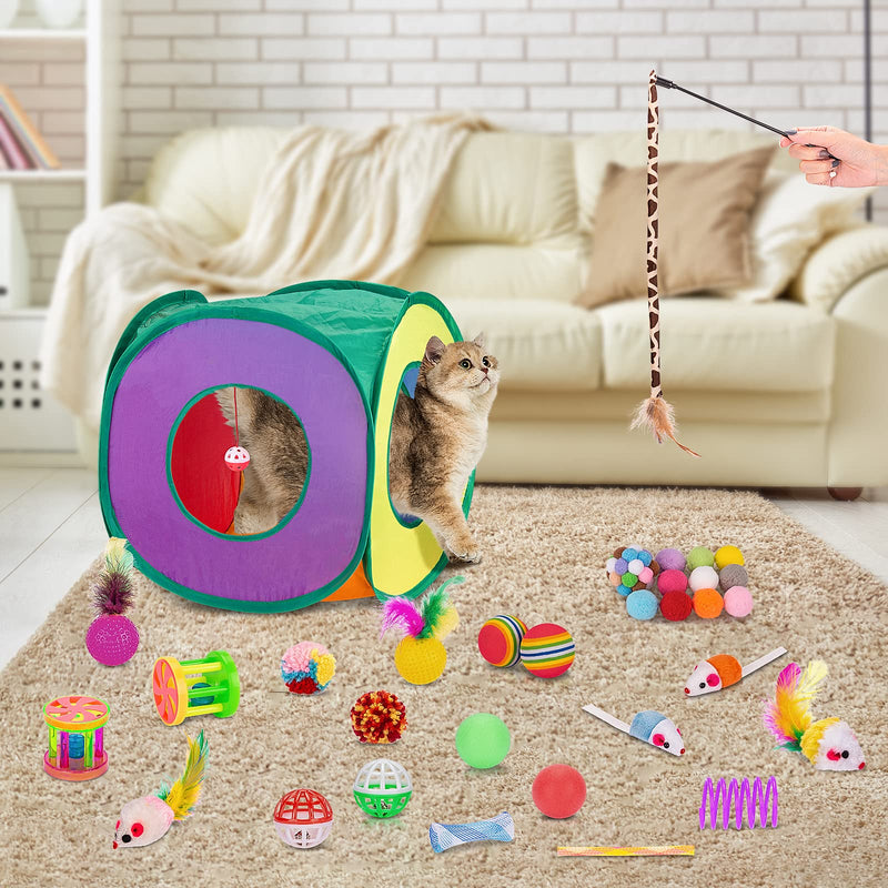 Cat Toys 33 PCS, Interactive Cat Kitten Toys for Indoor Cats Kitty with Collapsible Cat Play Tunnel Tube Tent Cat Feather Wand Teaser Cat Bell Fuzzy Ball Springs Mouse Toys For cats less than 12lbs - BeesActive Australia