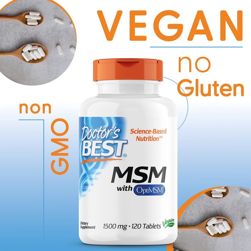 Doctor's Best, MSM, with OptiMSM, 1500 mg, 120 Vegan Tablets, Highly Dosed, Laboratory Tested, SOYA-Free, Gluten-Free, Non-GMO, Natural Sulphur - BeesActive Australia