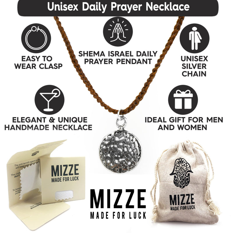 Silver Daily Prayer Cutout Coin Pendant on 19" Brown Macrame Cord Necklace for Men and Women - Spiritual Hebrew Charm Shema Jewelry from Israel for Birthday Anniversary Valentines Gift - BeesActive Australia
