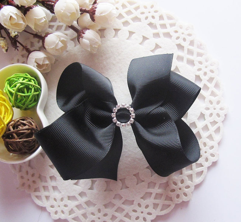 PrettyBoutique 5 Inches Girls Large Rhinestone Grosgrain Hair Bow Alligator Clip (Black) Black - BeesActive Australia
