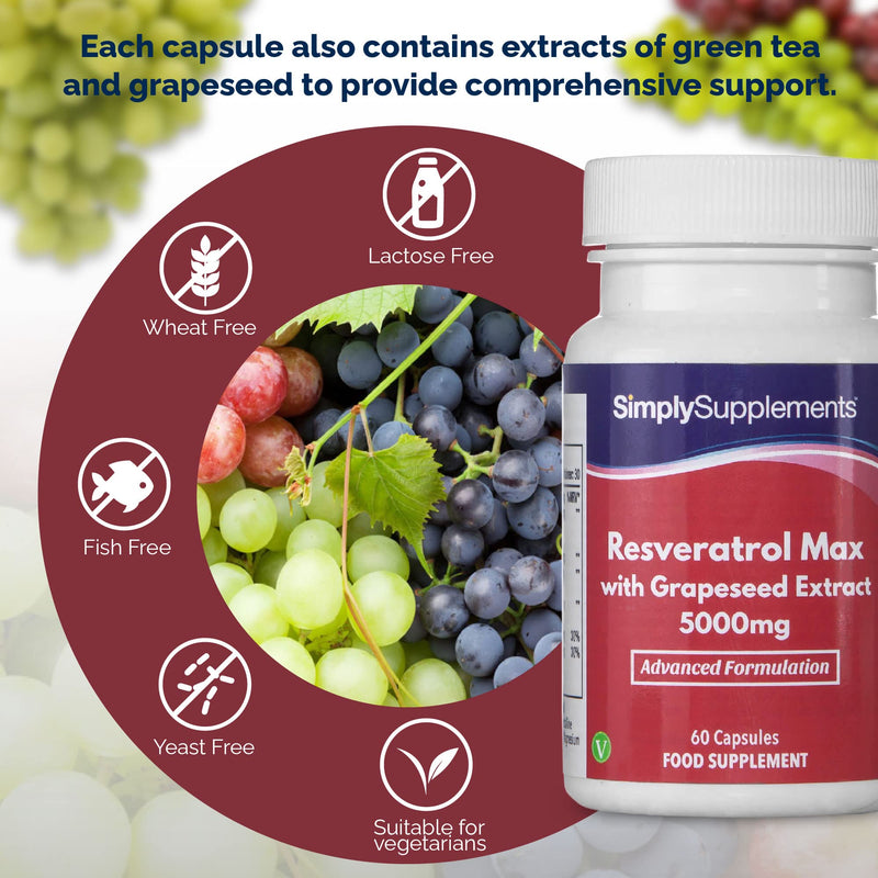 Resveratrol Capsules with Grapeseed Extract 5000mg | Vegan & Vegetarian Friendly | 60 Capsules = 1 Month Supply | Manufactured in The UK - BeesActive Australia