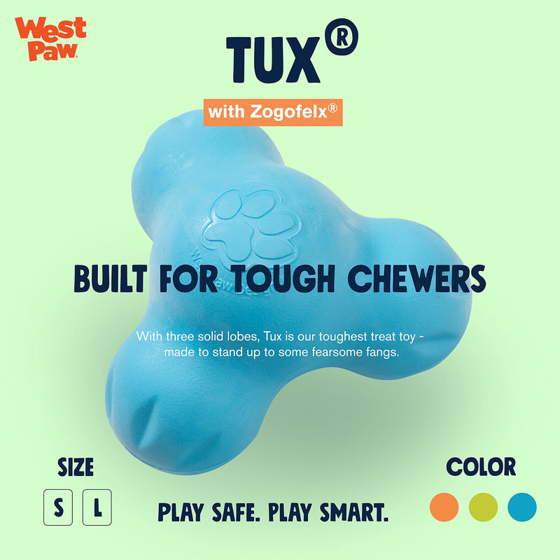 West Paw Zogoflex Tux Treat Dispensing Dog Chew Toy – Interactive Chewing Toys for Dogs – Dog Enrichment Toy– Dog Games for Aggressive Chewers, Fetch, Catch – Holds Kibble, Treats, Made in USA Large Aqua Blue - BeesActive Australia