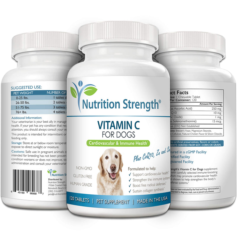 Nutrition Strength Vitamin C for Dogs to Support Cardiovascular Health, Help Strengthen The Immune System, Boost Free Radical Defenses and Sustain Collagen Synthesis, 120 Chewable Tablets - BeesActive Australia