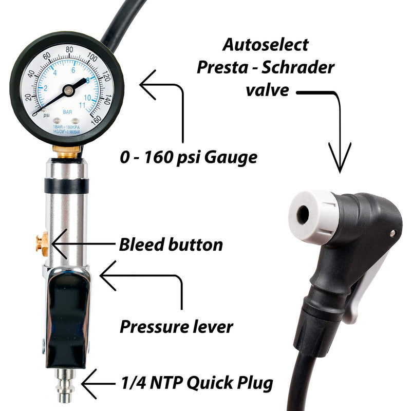 CycloSpirit Universal Bicycle Tire Inflator Gauge with Auto-Select Valve Type - Presta and Schrader Air Compressor Tool - BeesActive Australia