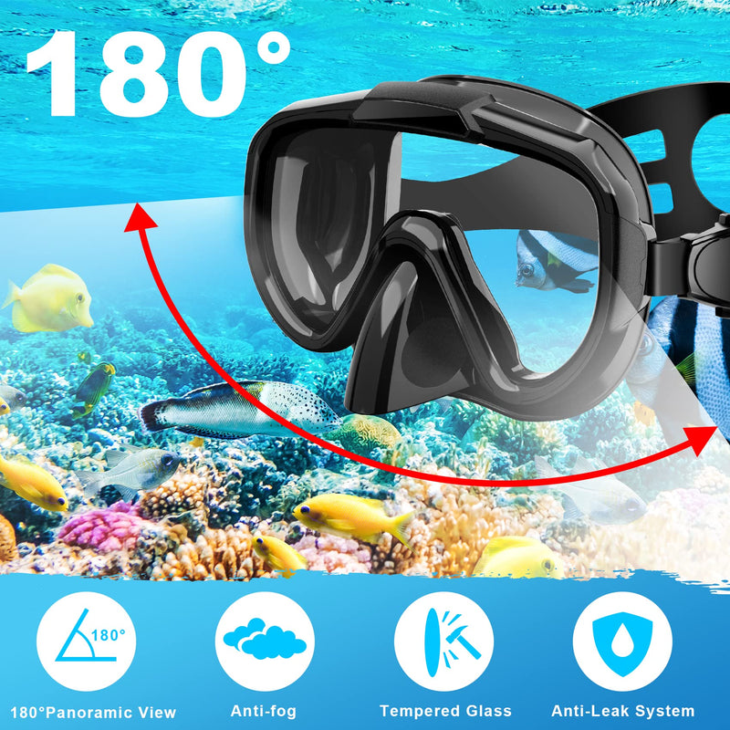 Snorkel Set, Zipoute Snorkel Dry Top Snorkeling Gear for Adults, Panoramic Anti-Leak and Anti-Fog Tempered Glass Lens, Adults Adjustable Snorkeling Set, Scuba Diving Swimming Training Snorkel Kit Black - BeesActive Australia