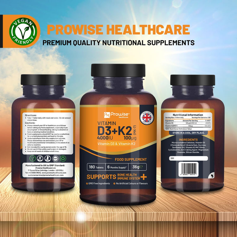 Vitamin D3 4000IU & K2 MK7 100�g Vegetarian Tablets I 180 ( 6 Months Supply) I Easy to Swallow Supplement for Immune Support, Calcium Boost, Bone & Muscle I Made in The UK by Prowise Healthcare - BeesActive Australia