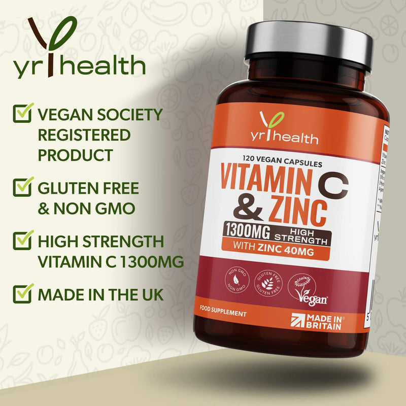 Vitamin C 1300mg and Zinc 40mg High Strength - VIT C and Zinc for Maintenance of Normal Immune System - 120 Vegan Capsules not Tablets - 2 per Daily Serving - Made in The UK by YrHealth - BeesActive Australia
