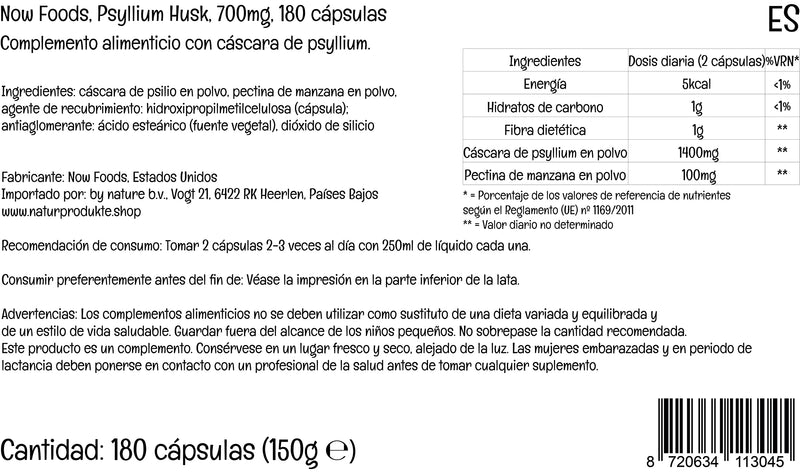 Now Foods, Psyllium Husk, 700mg, with Apple Pectin, Dietary Fibre, 180 Vegan Capsules, Lab-Tested, Gluten Free, SOYA Free, Vegetarian, Non-GMO - BeesActive Australia
