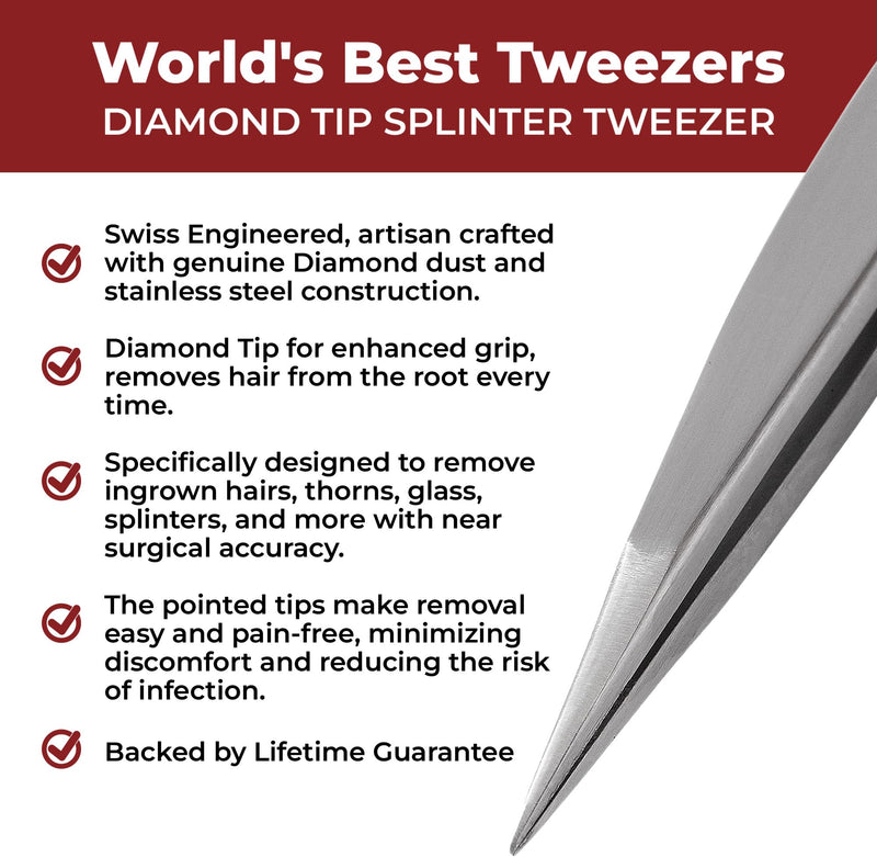 World's Best Tweezers Diamond Tip Splinter Tweezers - Diamond Coated, Professional Precision Needle Nose Pointed Tweezer for Ingrown Hair, Splinter, Ticks, and Glass Removal - Stainless Steel - BeesActive Australia