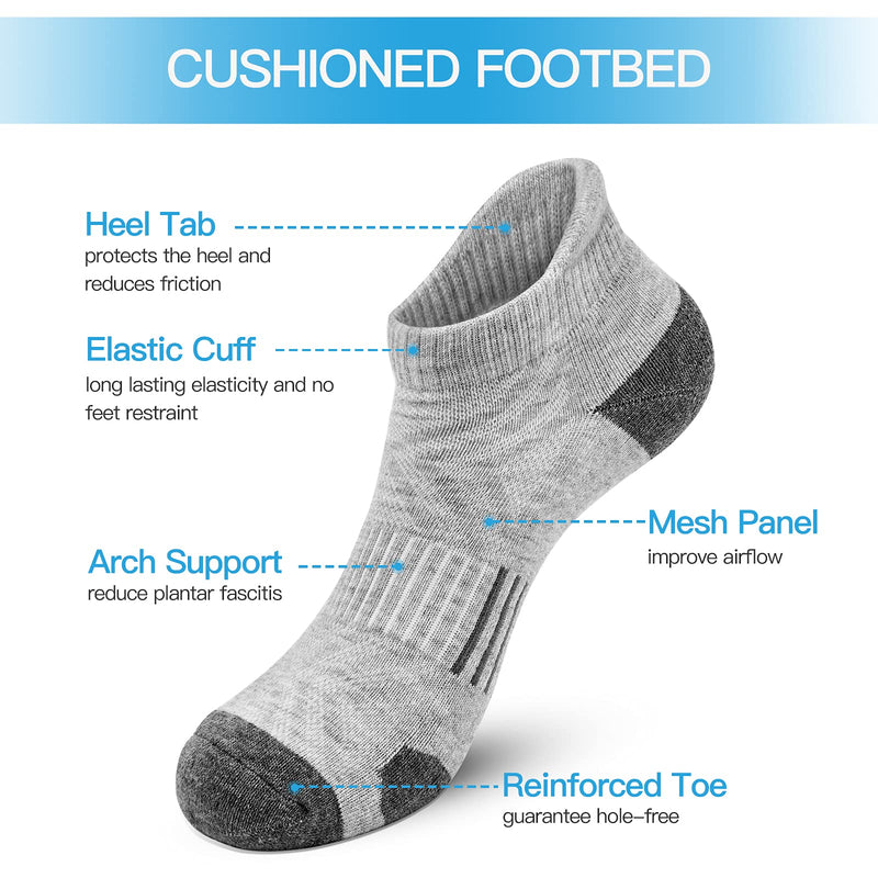 Ankle Athletic Running Socks Cushioned Breathable Low Cut Sports Socks with Tab Arch Support for Men Women (6Pairs) 6-9 Grey - BeesActive Australia