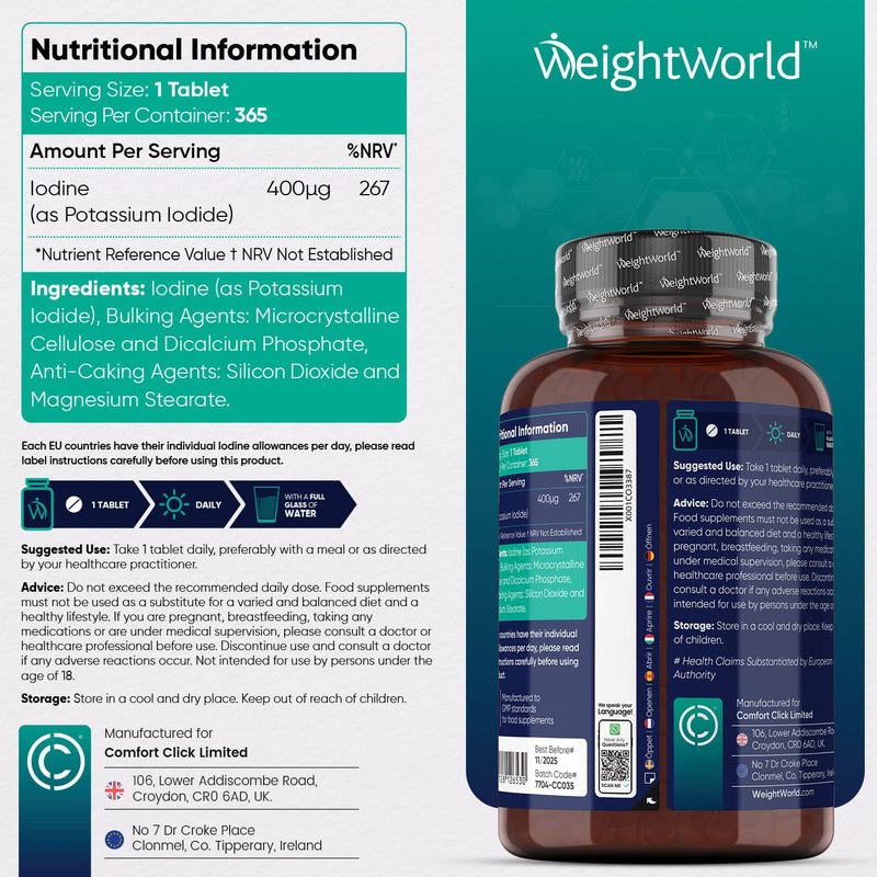 Iodine Tablets 400MCG - High Strength Potassium Iodide 400ug - 365 Vegan Tablets (1 Year Supply) - Non-GMO & Gluten-Free Supplement - Trace Mineral - High Potency Iodine Tablets - UK Made - BeesActive Australia