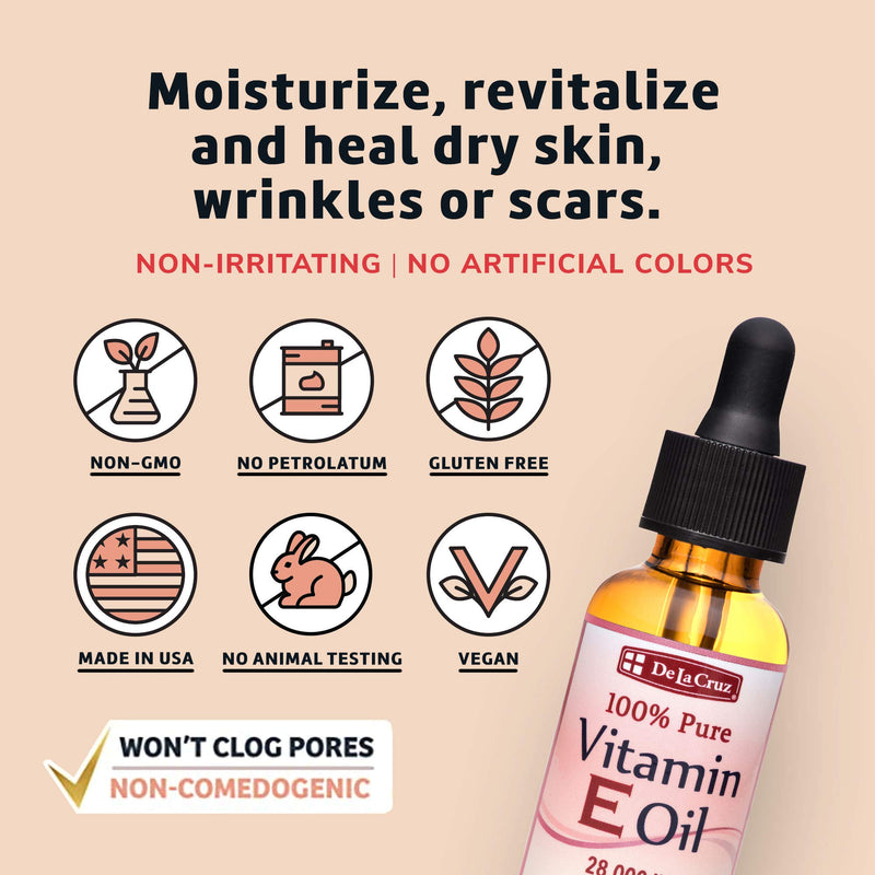 De La Cruz Vitamin E Oil for Face 28,000 IU - No Preservatives, Artificial Colors or Fragrances, Made in USA 1 FL. OZ. - BeesActive Australia