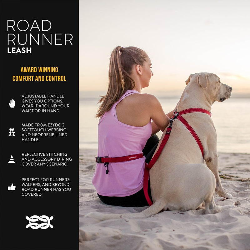 EzyDog Road Runner Hands Free Walking, Jogging, and Running Zero Shock Bungee Dog Leash with Reflective Stitching and Adjustable Waist Belt Red - BeesActive Australia