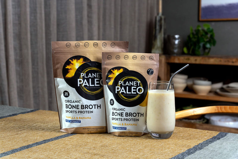 Planet Paleo Organic Bone Broth Protein Powder (480g, 30 Servings) - Vanilla & Banana | Organic, Grass Fed, High Protein | Tissue Recovery & Fitness | Post-Workout | 13g Protein per Serving 480g - BeesActive Australia