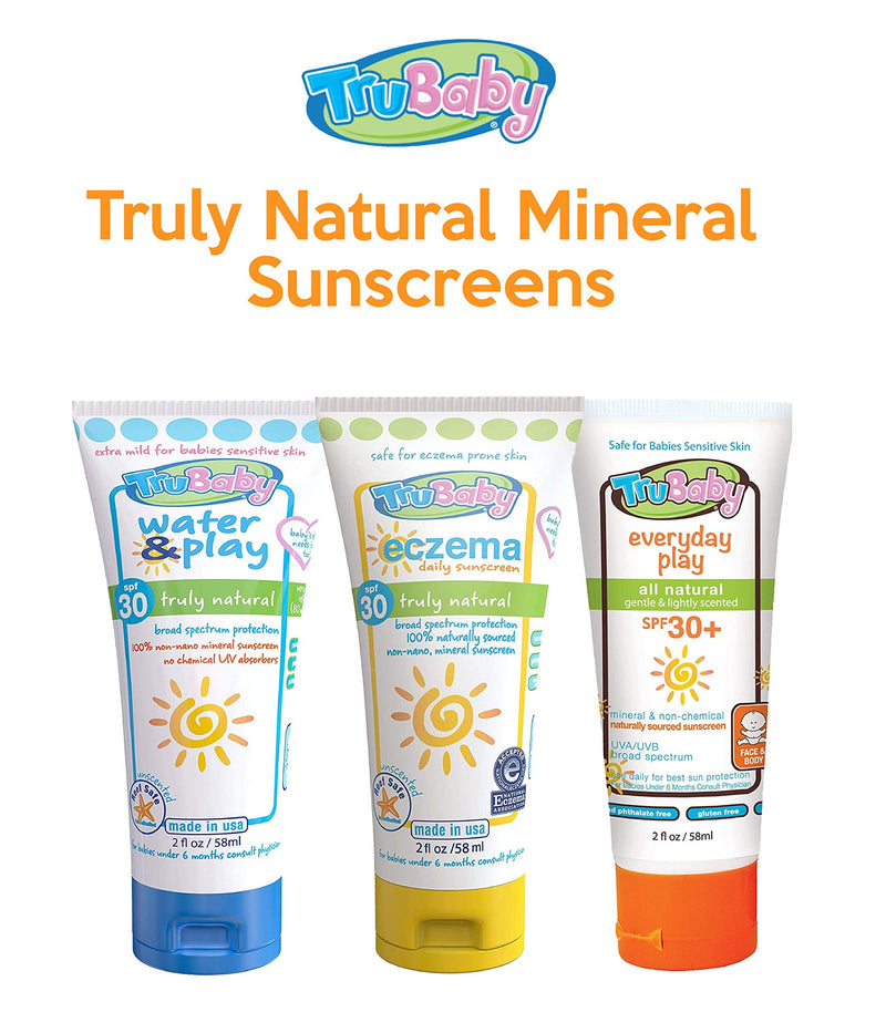 TruBaby Water & Play SPF 30+ UVA/UVB Protection Sunscreen, Water Resistant Mineral Based Sun Body Cream for Baby, Unscented, Reef Friendly, All Natural Ingredients (2 fl oz) - BeesActive Australia