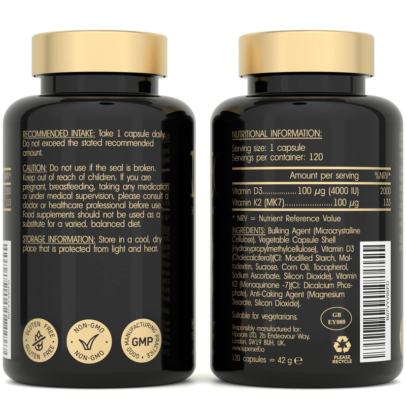 Vitamin D3 K2 Capsules - High Strength Vitamin D Tablets - 4000 IU Vitamin D & 100mcg Vitamin K MK7-120 Capsules - UK Made & Vegetarian - VIT D3 K2 Supplement for Strong Bones, Teeth, Immune System - BeesActive Australia