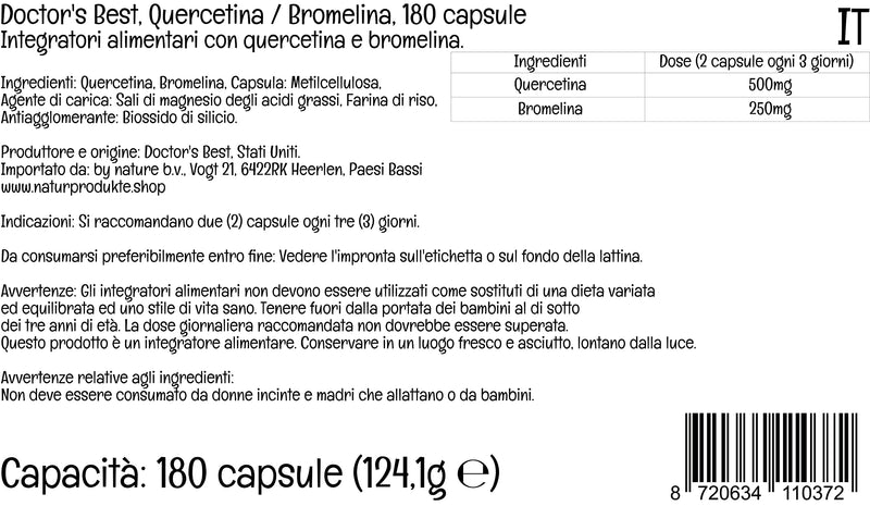 Doctor's Best, Quercetin Bromelain, 180 Vegan Capsules, Highly Dosed, Laboratory Tested, SOYA-Free, Gluten-Free, Non-GMO - BeesActive Australia