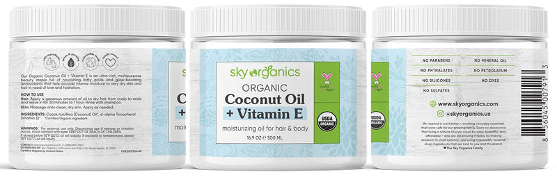 USDA Organic Coconut Oil with Vitamin E (16.9 oz Jar) Pure Vitamin E Infused Coconut Oi - Bio Coconut Oil for Hair and Skin, Coconut Oil Hair Mask 16.9 Fl Oz (Pack of 1) - BeesActive Australia