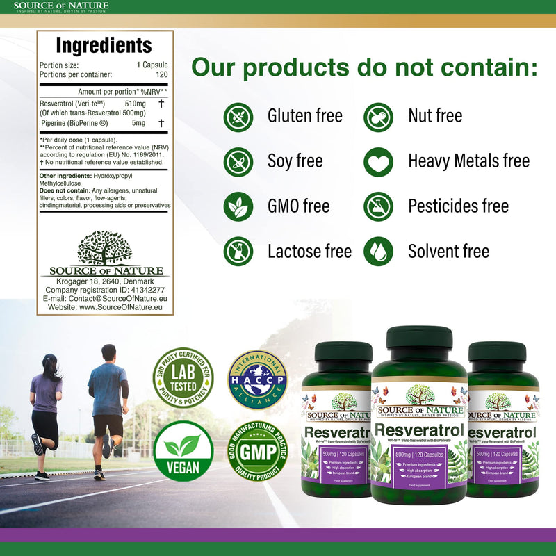 Source of Nature� | Trans-RESVERATROL 500mg | 120 Capsules | 4-Month Supply | >98% Pure European Produced Active Ingredient | High Dose | Vegan | Antioxidant Protection 120 Kapsel Flasche - BeesActive Australia