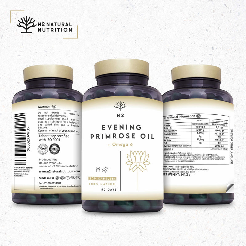 Evening Primrose Oil 2000 mg, 10% GLA. 200 Softgel Capsules with Vitamin E and Omega 6. High Strength, Easy Swallow, Cold Pressed. Menopause, Skin and Nails Care. Made in EU. N2 Natural Nutrition - BeesActive Australia