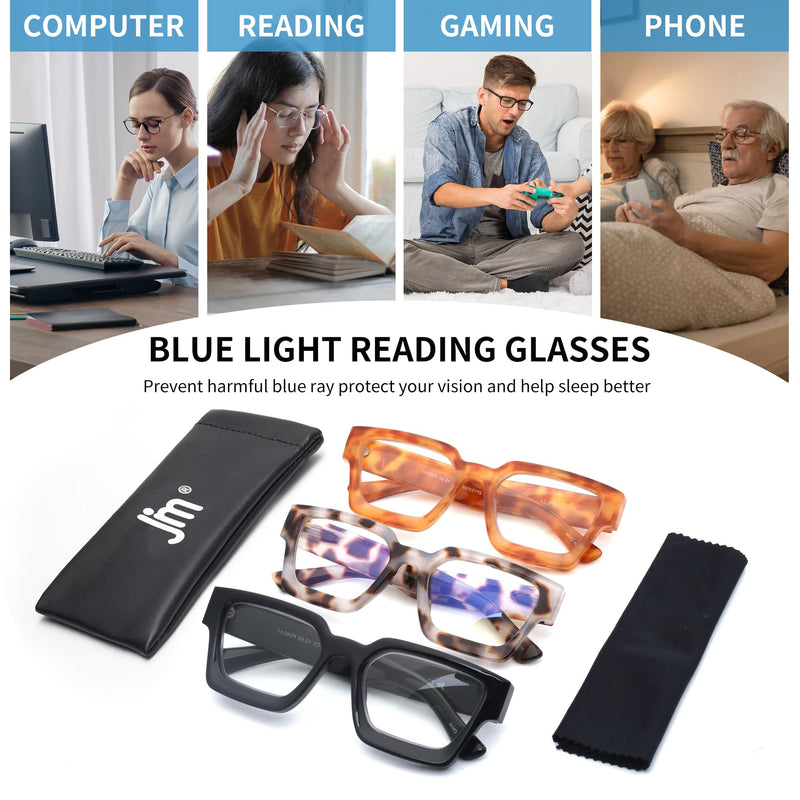 JM 3 Pack Square Reading Glasses, Blue Light Blocking Computer Reader for women men 3 Pack Mixed Color 0.0 x - BeesActive Australia